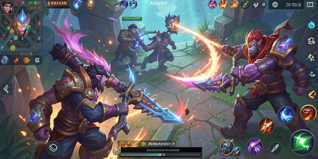 Screenshot gameplay AMAN69 menampilkan pertarungan seru di arena MOBA.