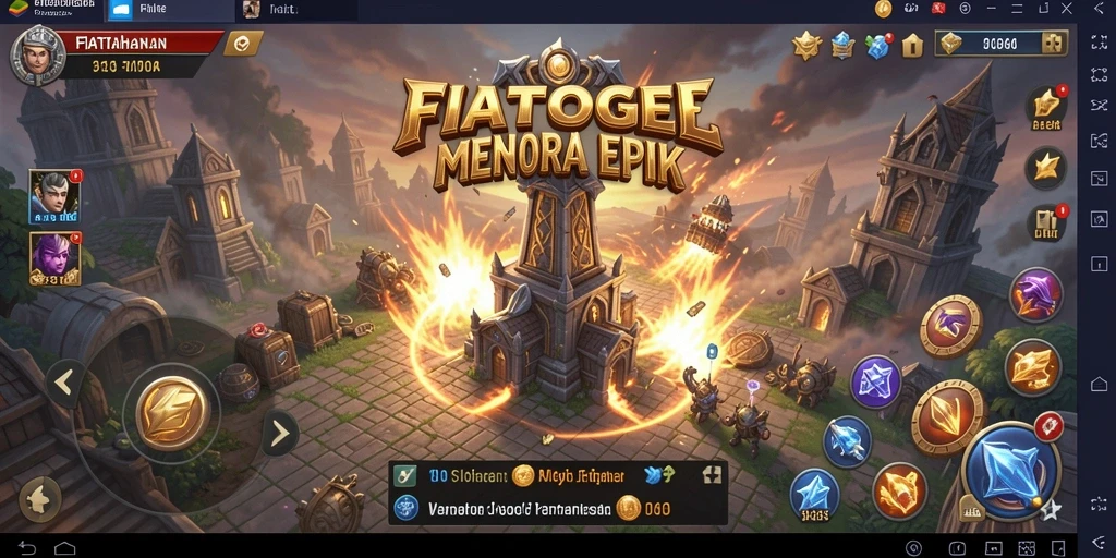 Tangkapan layar gameplay <strong>FIATOGEL</strong> menampilkan menara yang megah dan gelombang musuh yang mendekat.
