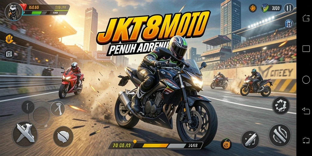 Screenshot gameplay <strong>JKT8</strong> menampilkan balapan penuh aksi di trek yang menantang.