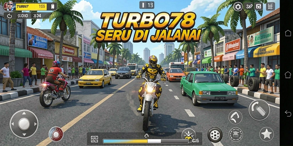 Tampilan gameplay TURBO78 dengan mobil balap beraksi di lintasan.